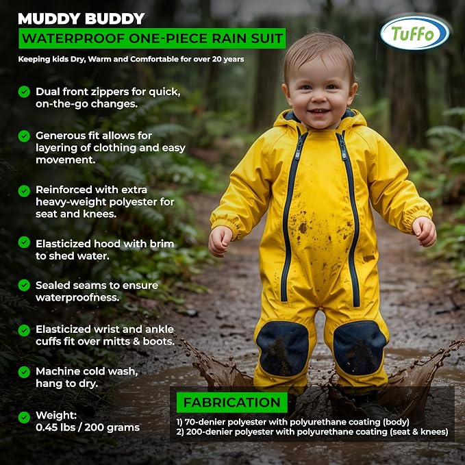 Tuffo Muddy Buddy Kids Waterproof Rain Suit One-Piece Coverall, Dual Zippers - Image 4