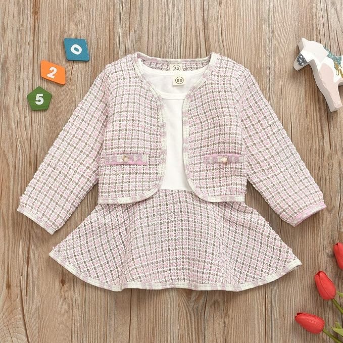Toddler Kids Baby Girls Plaid Skirt Set Cardigan Jacket Coat + Tutu Dress Set - Image 2