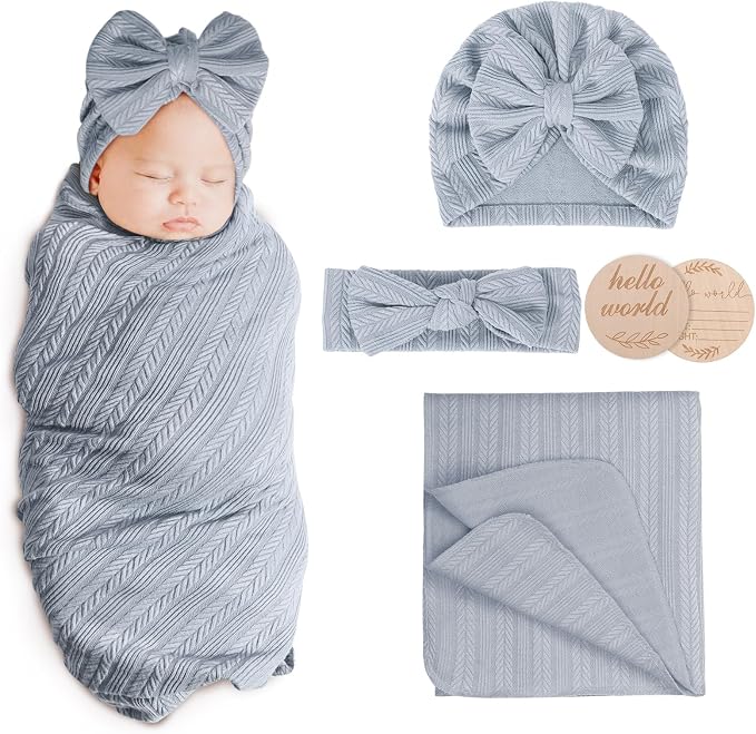 AQOKKA Newborn Receiving Blanket Wheat Ear Bow Hat Hairband Set by AQOKKA