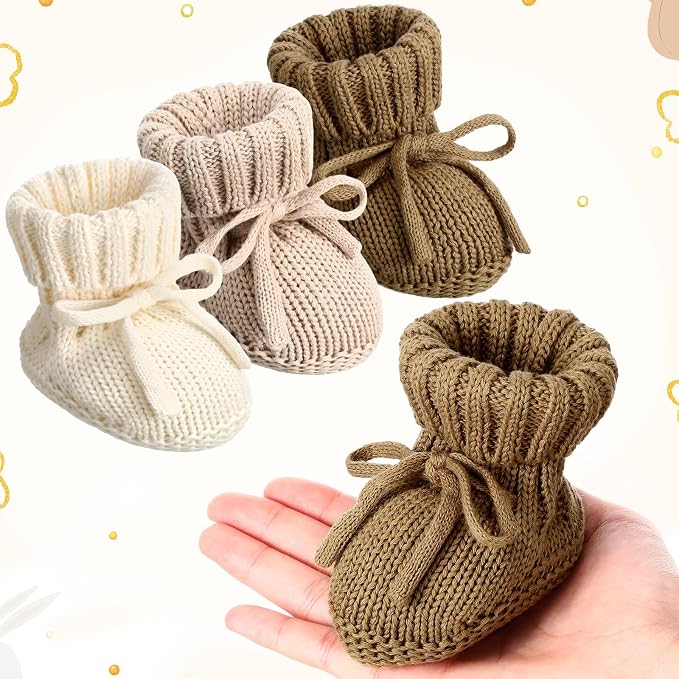 Evervibe 3 Pair Knitted Baby Booties | 100% Cotton, 0-6 Months Newborn - Image 2
