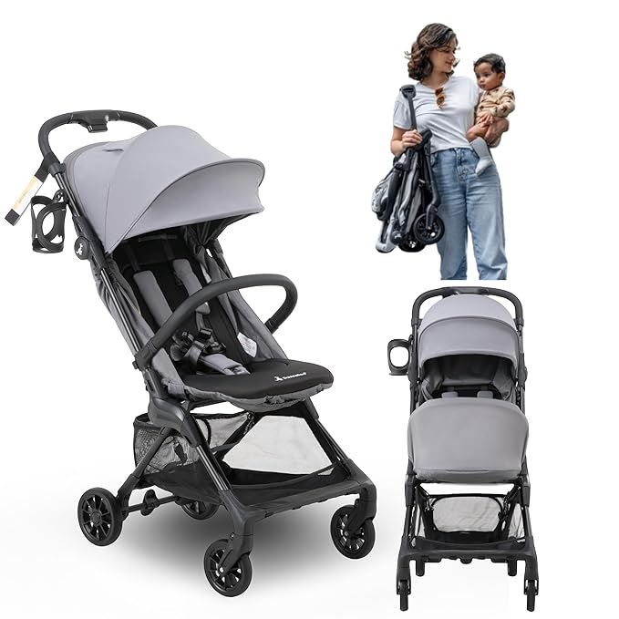 BabbleRoo Hoplite Compact Stroller – Lightweight Travel Stroller for Airplane (12.3 lbs), Newborn to 55 lbs, Easy Fold, PU Wheels, Alloy Frame, Near-Flat Recline, Raincover, Cup Holder, Baby Stroller