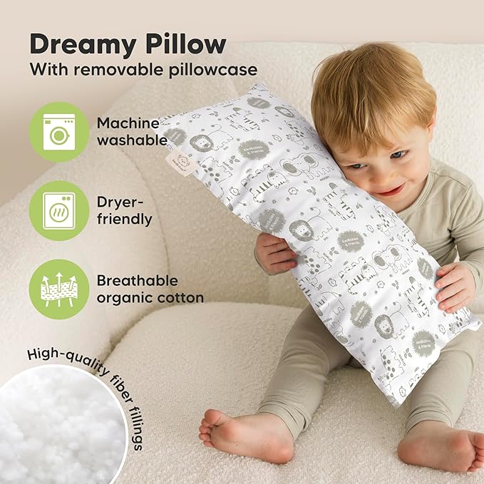 Toddler Pillow with Pillowcase - 10x18 My Little Dreamy Kids Travel Bed Pillows for Sleeping, Organic Cotton Small Pillowcase, Soft & Breathable, Machine Washable, Toddlers 2-5 Years Old (KeaSafari)