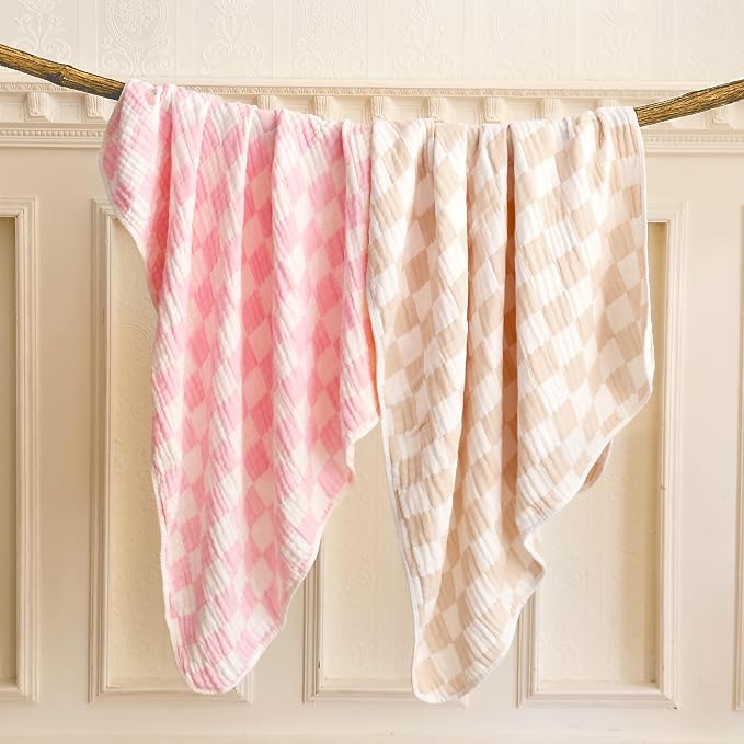 Checkered Muslin Baby Blanket 2 Pack 6 layer Cotton Swaddle Blanket 43" | Ultra - Image 2