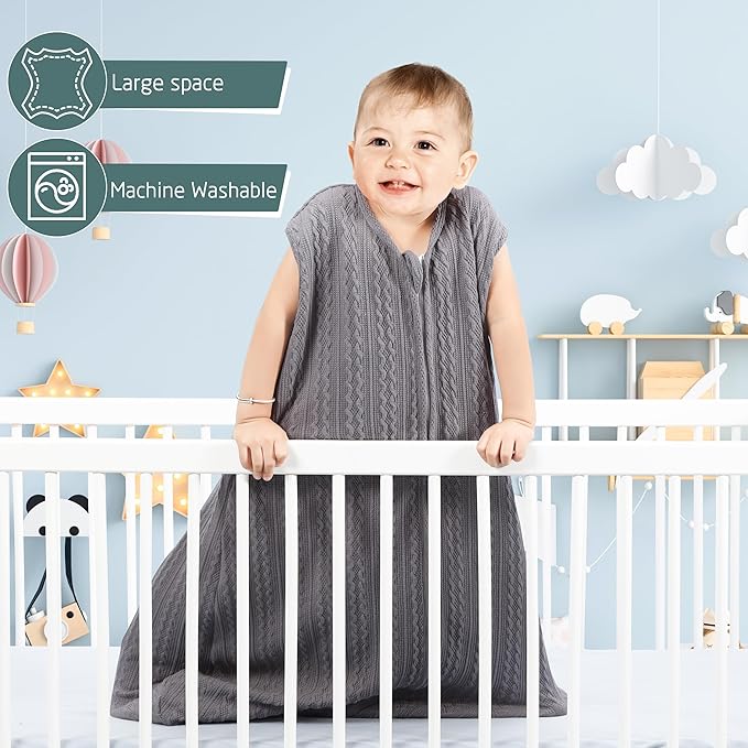 Baby Sleep Sack 0-6 Months, Baby Wearable Blanket 100% Acrylic knit 2-Way Zipper Toddler Sleeping Sack TOG 0.5 (Grey)