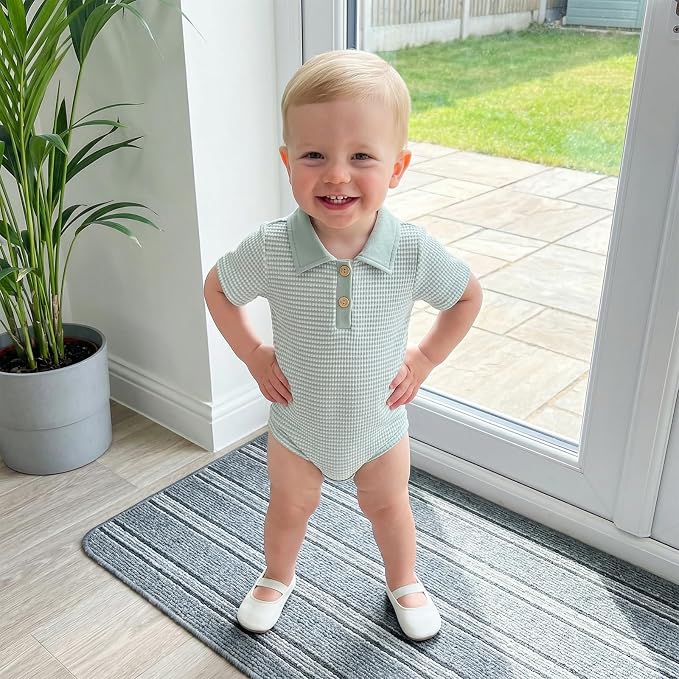VISGOGO Baby Boy Striped Romper Waffle Short Sleeve Button Oversized Bodysuit - Image 3