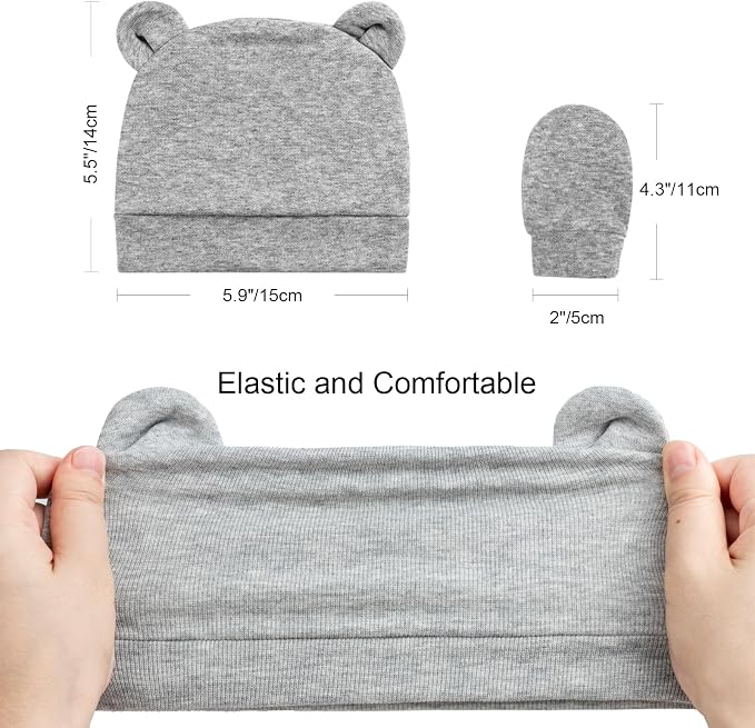 BQUBO Newborn Baby Bear Ears Hats and Mittens Sets Preemie Cotton Caps Baby Boy - Image 4