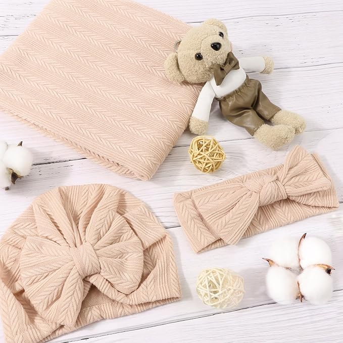 AQOKKA Newborn Receiving Blanket Wheat Ear Bow Hat Hairband Set - Image 3