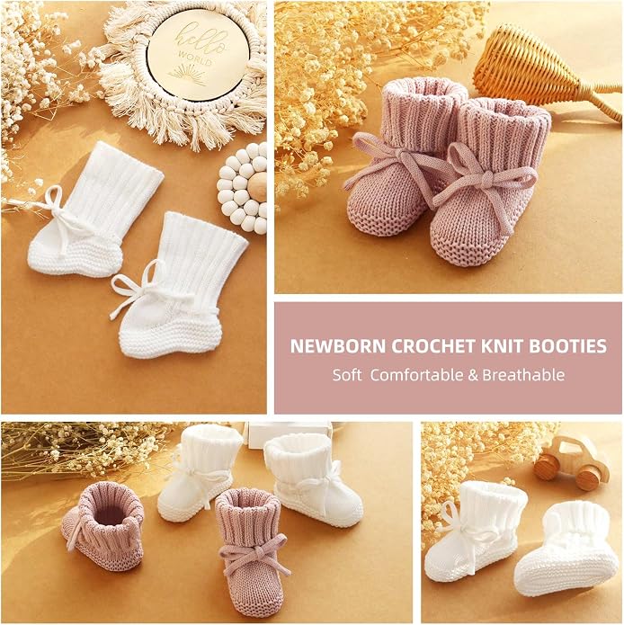 LifeTree Baby Knit Booties-2 Pairs, Cozy Cotton Handmade Crochet Baby Shoes - Image 7