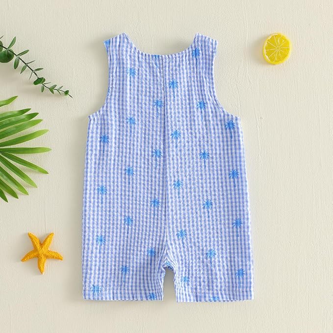 Newborn Baby Boys Sleeveless Seersucker Romper One Piece Straps Overalls - Image 3