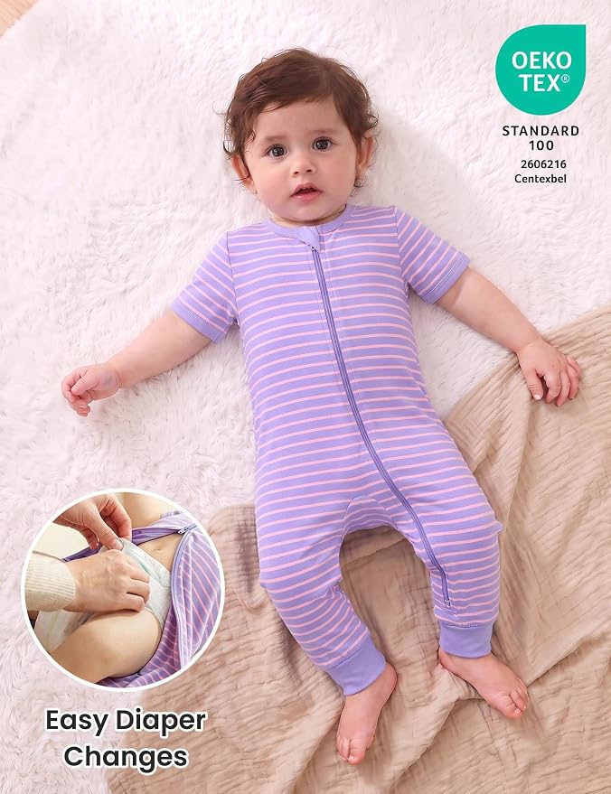 Jimonda Baby Romper Short Sleeve Cotton Pajamas 2-Way Zipper - Image 4