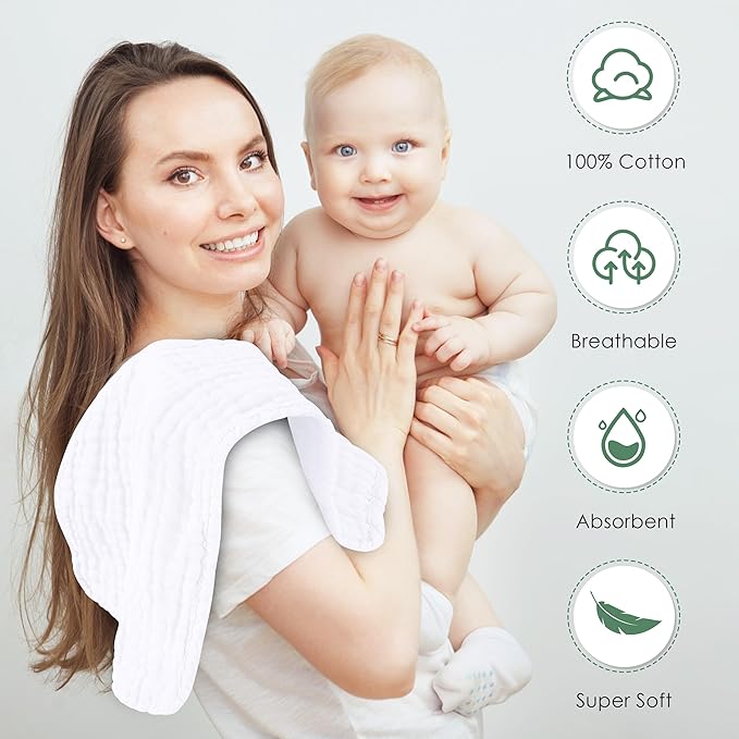 Muslin Burp Cloths 100% Cotton Large 20''x10'' Extra Soft and Absorbent Baby Wash Cloths Spit Up Rags - Baby Burping Cloth for Boys Girls Items(12 Pack White)
