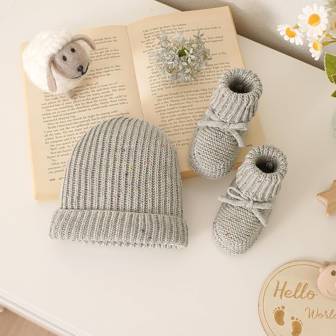 LAWKUL Baby Beanie and Booties 2-Piece Set | Newborn, Knit Hat, Cotton Sock - Image 4