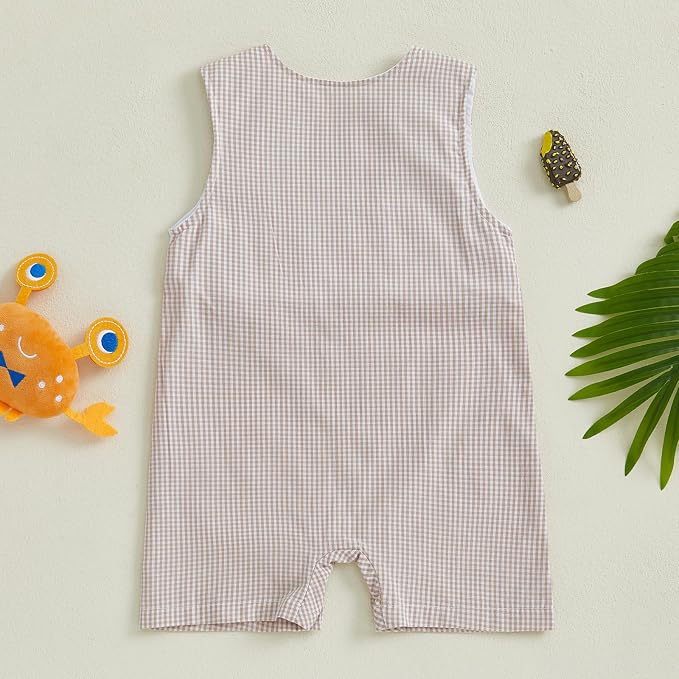 Newborn Baby Boys Sleeveless Seersucker Romper One Piece Straps Overalls - Image 3