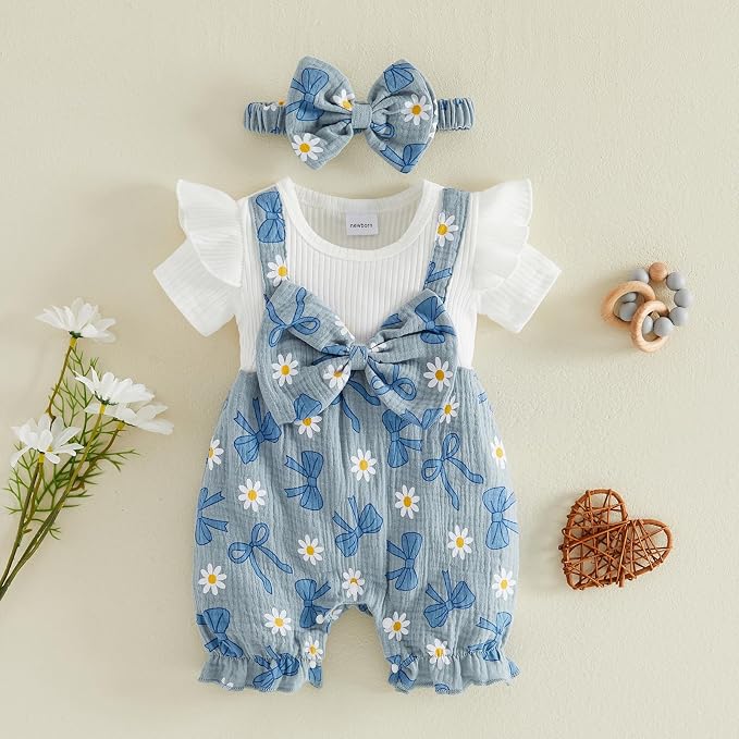 YINGISFITM Newborn Baby Girl Summer Clothes Short Sleeve Bubble Romper Bow - Image 5