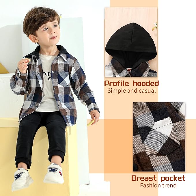YOUNGER STAR Toddler Kids Boys Girls Flannel Hooded Plaid Shirt Button Baby Red - Image 5