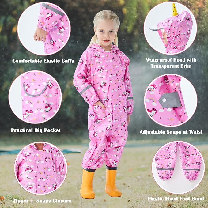 Fewlby Kids Toddler Rain Suit for Boys Girls One Piece Hoodie Zipper Cartoon - Image 5