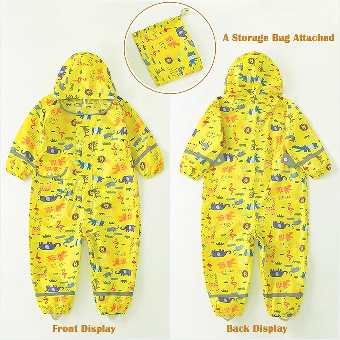 Fewlby Kids Toddler Rain Suit for Boys Girls One Piece Hoodie Zipper Cartoon - Image 5