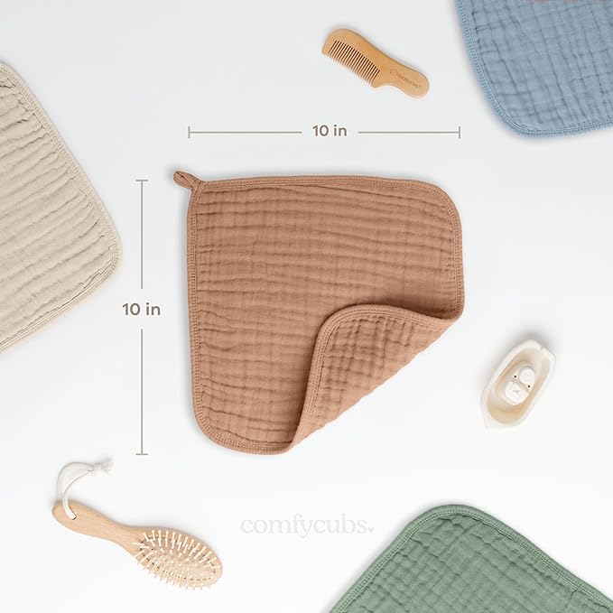 Comfy Cubs Muslin Baby Washcloths 10 Pack - Soft 6-Layer Cotton Wash Cloths for Sensitive Skin - 10"x10" Large, Gentle, Absorbent Infant Essentials for Newborn and Toddlers - Caramel