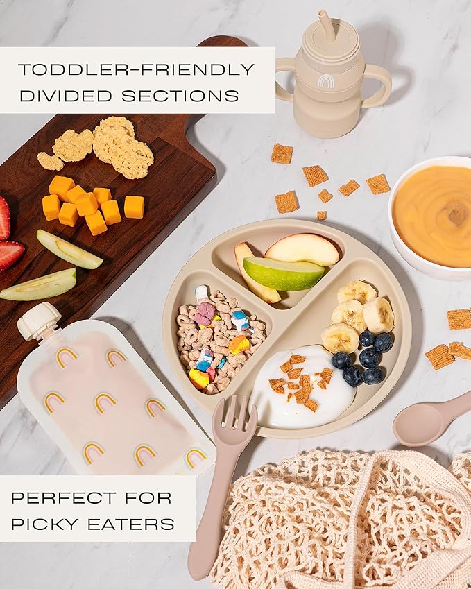 Hippypotamus Toddler Plates with Suction - 100% Food-Grade Silicone Baby Plates with Lids - Microwave & Dishwasher Safe - BPA Free - Set of 3 (Sage/Blush/Nude with LIDS)
