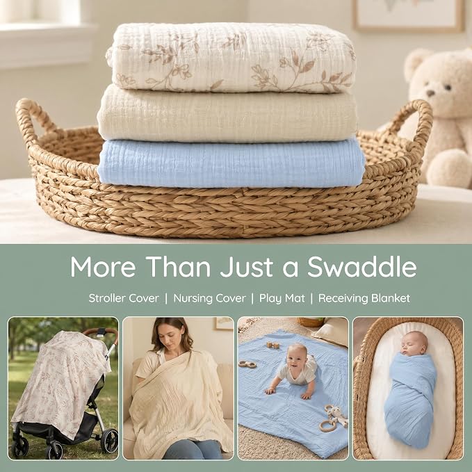 3 Pack Ultra Soft Muslin Swaddle Blankets 38"x40" 100% Cotton Newborn Receiving - Image 4