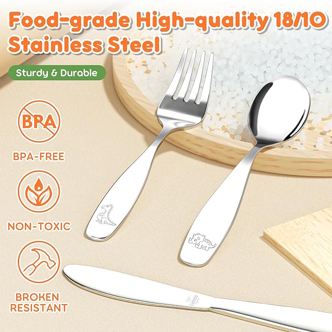 Lehoo Castle Kids Silverware Stainless Steel 6 Piece - Toddler Spoons and Forks Knife Set, Metal Kids Cutlery Set, Toddler Utensils Self Feeding (Dinosaur World)