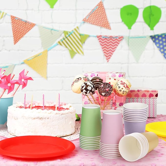 URATOT 120 Pieces 9 Ounce Disposable Paper Cups Pastel Rainbow Party Cups Drinking Cups for Party, DIY and Holiday, 6 Colors