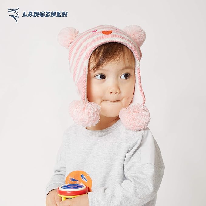 LANGZHEN Toddler Kids Infant Winter Hat,Earflap Knit Warm Cap Fleece Lined Beanie for Baby Boys Girls