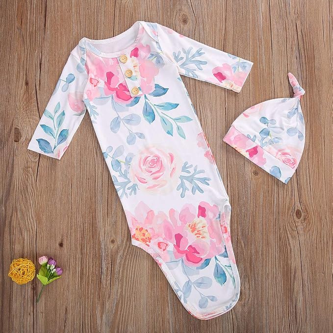Newborn Baby Girl Floral Sleep Gown Headband Sleepwear Outfit - Image 3
