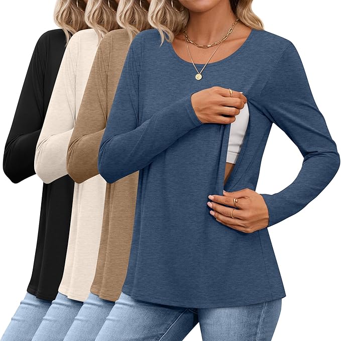 4 Pack Women's Cotton Nursing Tops, Breastfeeding Maternity with Hidden Zippers Crew Neck Long Sleeve Pregnancy Shirts