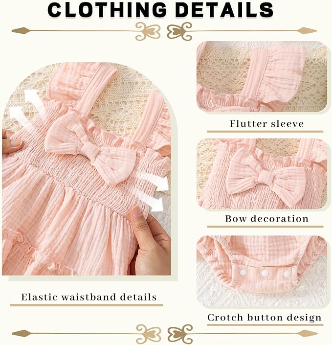 Baby Girl Smocked Romper Dress Ruffle Bow Summer Outfit - Image 4