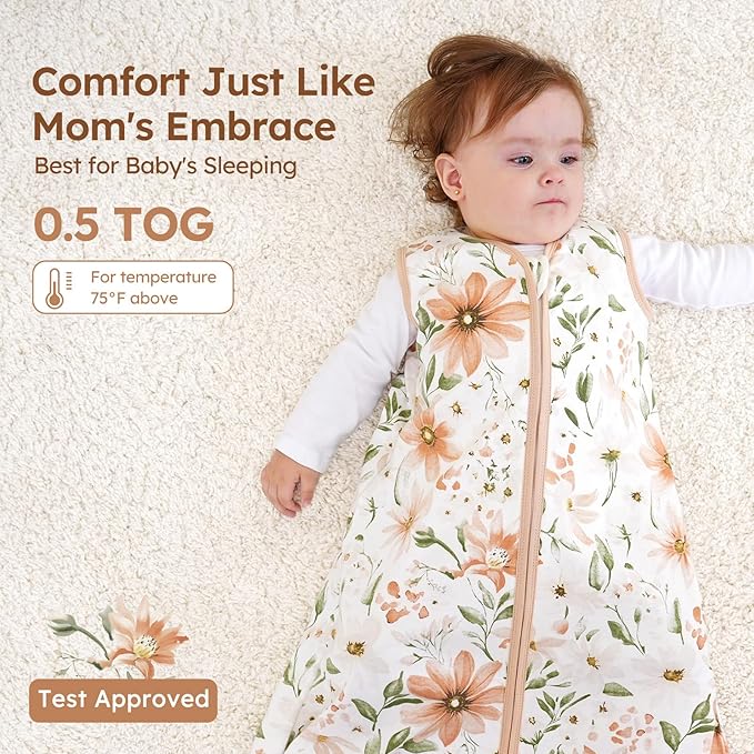 Baby Sleep Sack 12-18 Months 100% Cotton Lightweight 0.5 TOG Wearable Blanket Baby Sleep Bag with 2-Way Zipper for Infant Toddler Orange Flowers