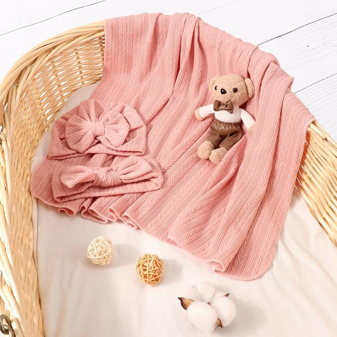 AQOKKA Newborn Receiving Blanket Wheat Ear Bow Hat Hairband Set - Image 3
