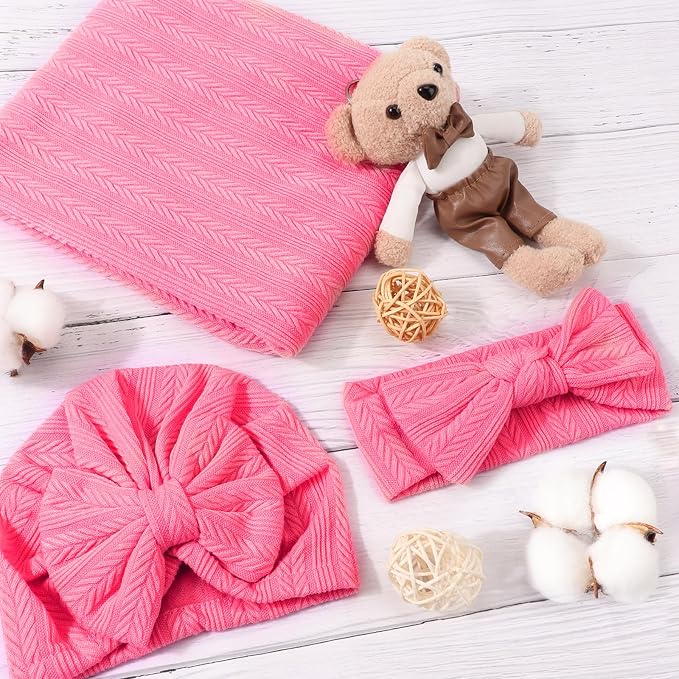 AQOKKA Newborn Receiving Blanket Wheat Ear Bow Hat Hairband Set - Image 3