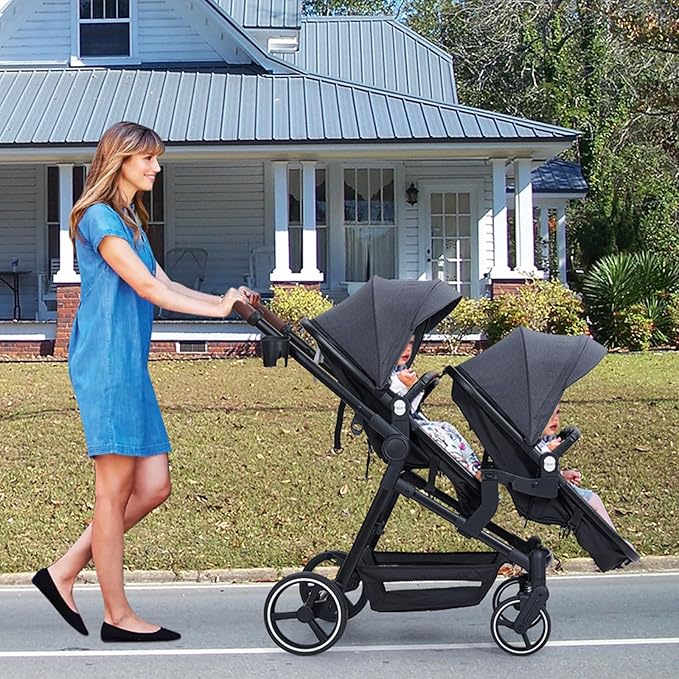 Tandem Double Stroller Newborn and Toddler, Foldable Twin Stroller with Reversible Seat, 5-Point Safety Harness, Adjustable Backrest & Canopy, Storage Basket, Dark Grey