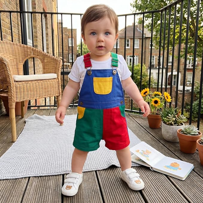 Fernvia Toddler Kids Baby Girl Boy Contrast Color Overalls Shorts Clothes - Image 3