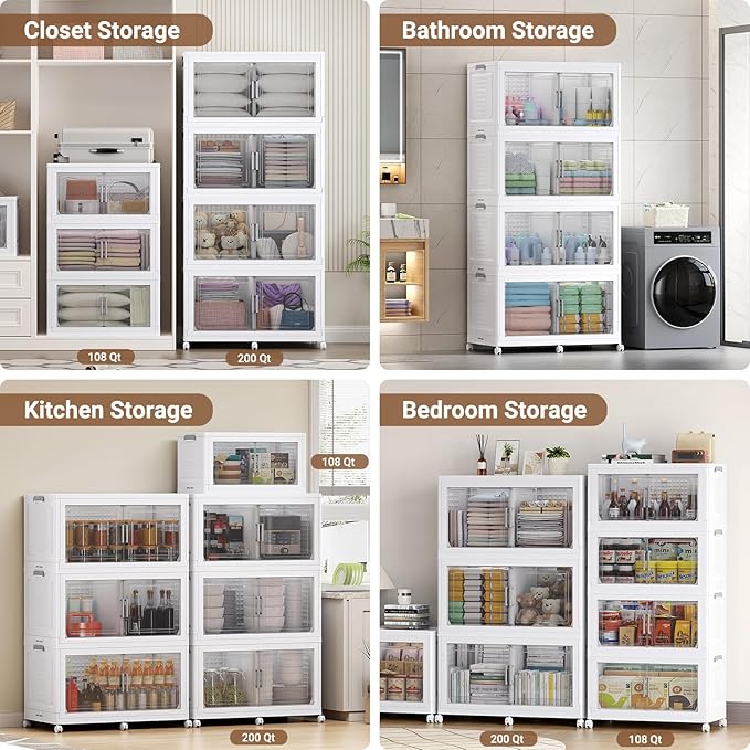 BROVIEW 800Qt Plastic Storage Bins with Lid and Wheels, 4Pack Extra Large Stackable Storage Bins with Dividers,Closet Organizers and Storage Cabinet Collapsible Box Shelves for Home Kitchen,White