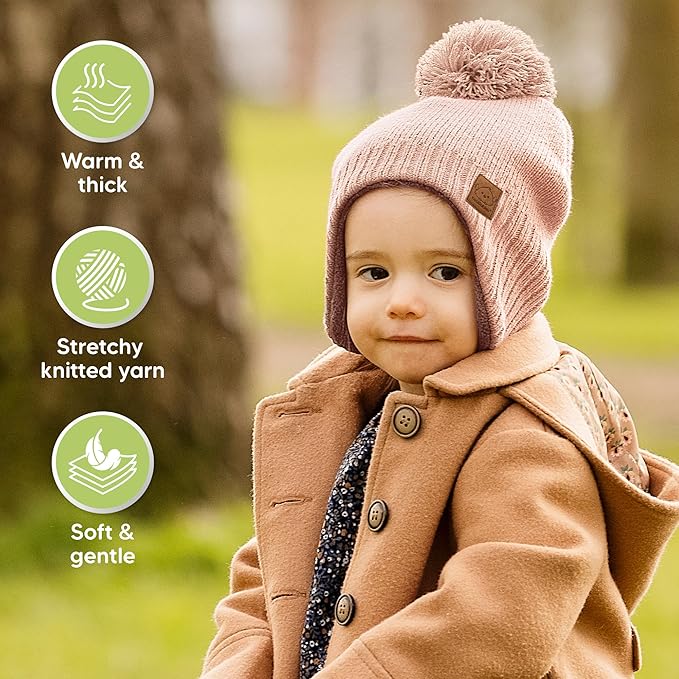 Baby Beanies, Baby Hats for Boys, Girls - Cute Toddler Winter Hat, Soft & Stretchy Beanies for Infant, Newborn 0-6 Months, Cozy & Warm with Earflap Muff & Pom (Blush, S)