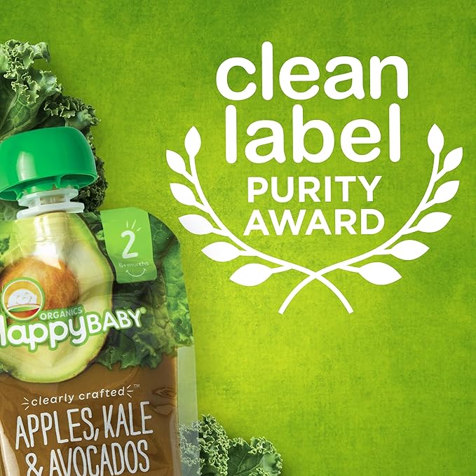 Happy Baby Organics Stage 2 Baby Food Pouches, Gluten Free, Vegan & Healthy Snack, Clearly Crafted Fruit & Veggie Puree, Green Beans, Pears & Spinach, 4 Ounces (Pack of 16)