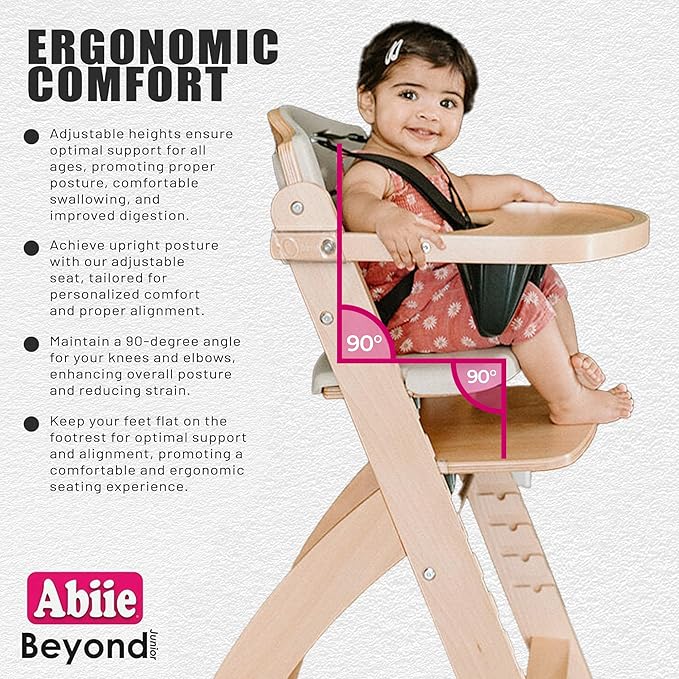 Abiie Beyond Junior Wooden High Chair with Tray - Adjustable and Convertible High Chair for Babies and Toddlers - 6 Months to 250 Lb - Water Resistant - Mahogany Wood/White Cushion