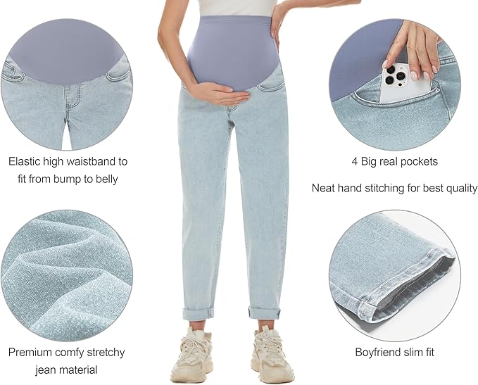 POSHGLAM Women's Maternity Jeans Over Belly Comfy Stretch 28'' Boyfriend Jeans Loose Pregnancy Pants, S-XXL
