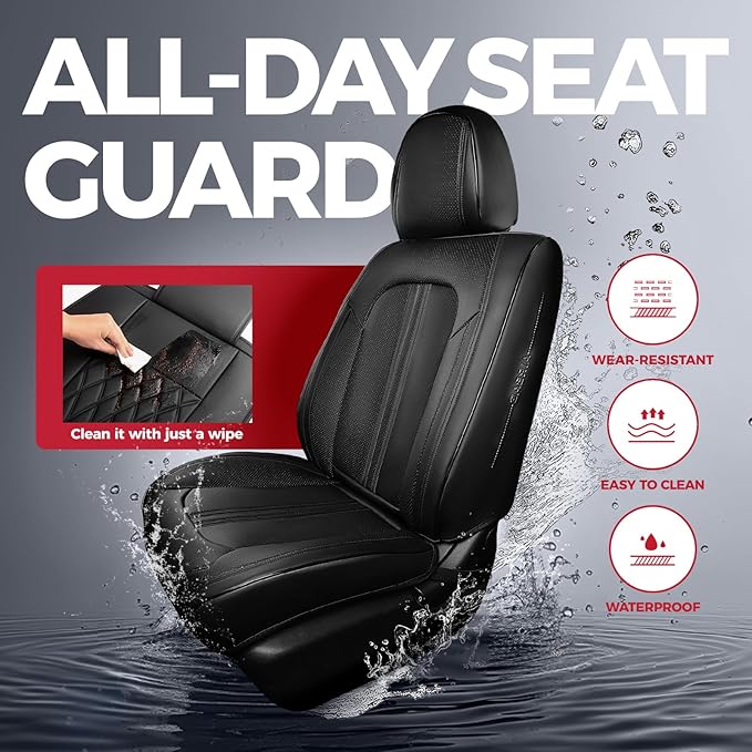 FREESOO Front Seats 2PCS Leather Car Seat Covers, Ultra Breathable Waterproof Seat Covers for Cars Trucks SUV, Carseat Protector Car Seat Cover Fit for Most Vehicles, Black