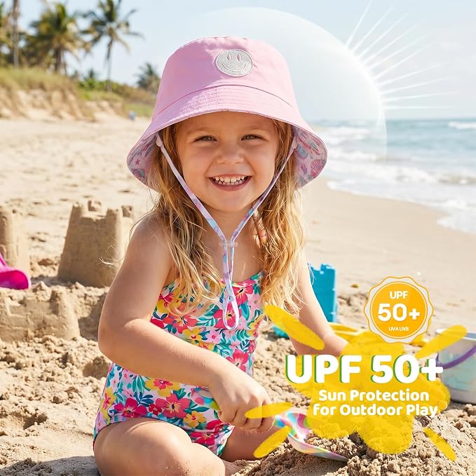 Toddler Hat Reversible Bucket Hat Happy Face Sun Hat Adjustable Chin Strap - Image 2