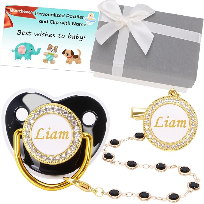 Custom Pacifier with Name, Personalized Pacifier Clip Set with Gift Box, Glitter Crystal Luxury Bling Soother Dummy, Ideal Gift for Boys Baby Shower, Christmas, Birthday, Newborn Photography(Black)