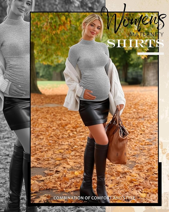 4 Packs Womens Maternity Shirts Long Sleeve Cotton Ribbed Pregnancy Mock Neck Side Ruched Workout Tops for Mama