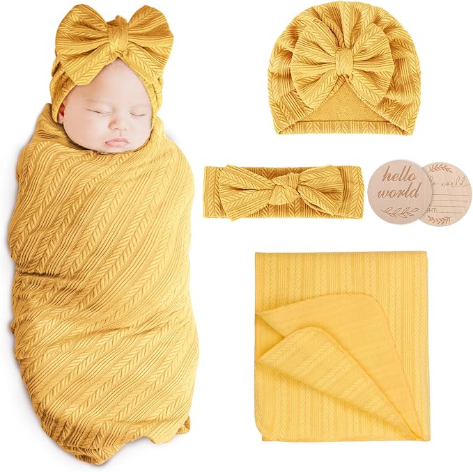 AQOKKA Newborn Receiving Blanket Wheat Ear Bow Hat Hairband Set by AQOKKA