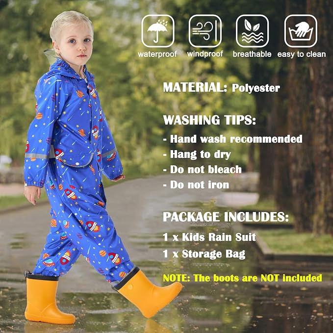 Fewlby Kids Toddler Rain Suit for Boys Girls One Piece Hoodie Zipper Cartoon - Image 2