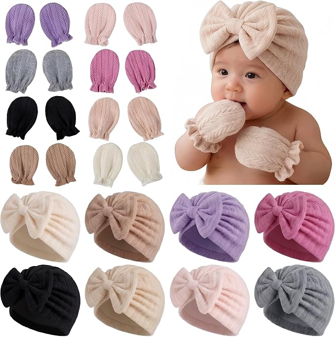 8 Sets Newborn Baby Girl Bow Hats and Mittens Turban Beanies 0-3M | Cotton by AHDSGJH