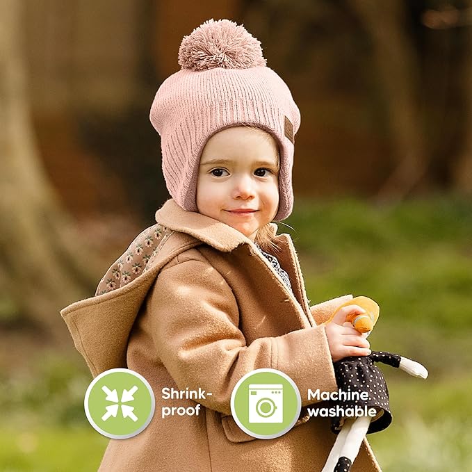 Baby Beanies, Baby Hats for Boys, Girls - Cute Toddler Winter Hat, Soft & Stretchy Beanies for Infant, Newborn 6-36 Months, Cozy & Warm with Earflap Muff & Pom (Blush)