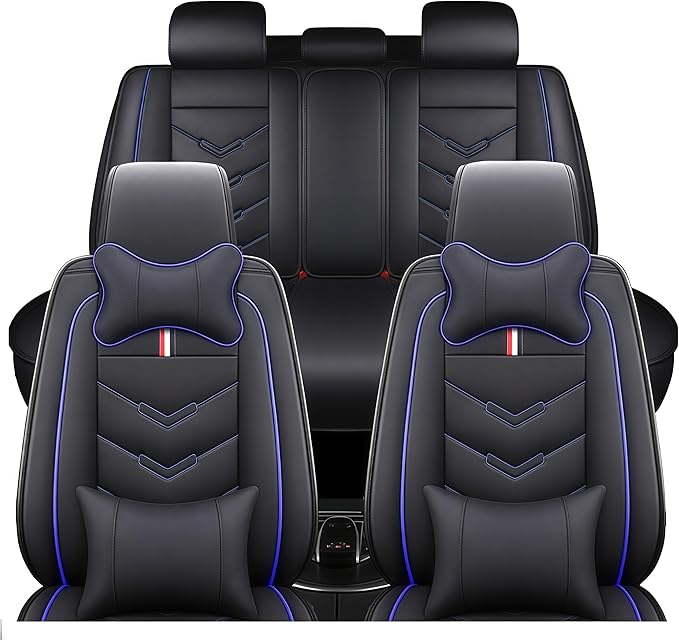 Leather Car Seat Covers Fit for LR Range Rover Sport 2023-2025, 5 Seater Waterproof and Wear-Resistant Seat Cover Interior Accessories(Full Set with Pillow,Black&Blue)
