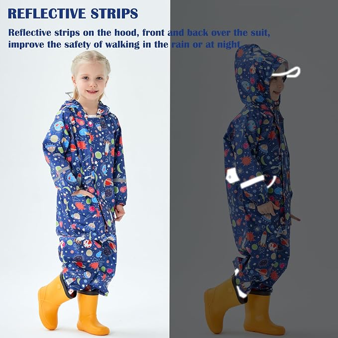 Fewlby Kids Toddler Rain Suit for Boys Girls One Piece Hoodie Zipper Cartoon - Image 4